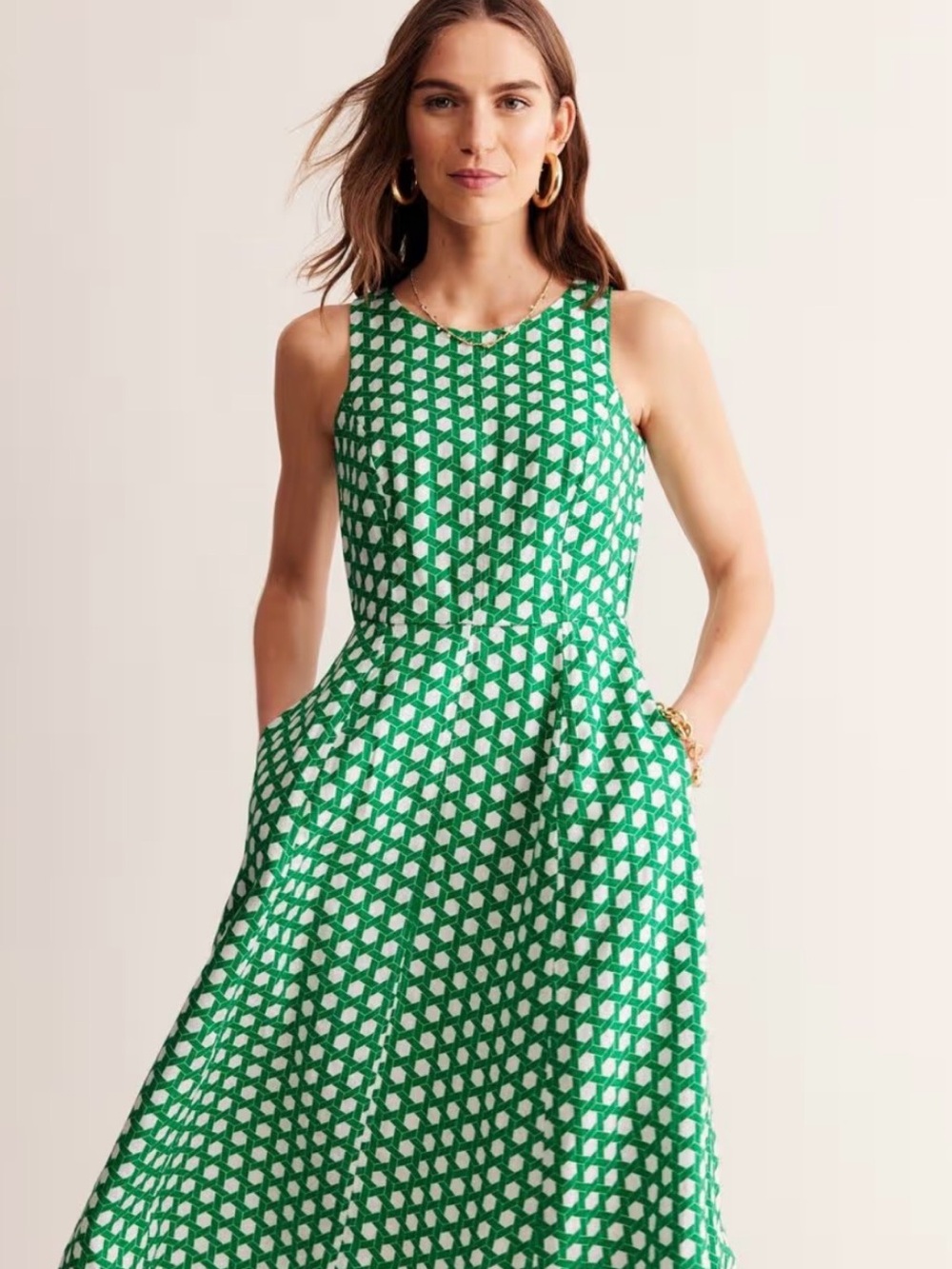 Boden Cotton Sleeveless Green Geometric Fit and Flare Dress size 6